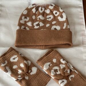 Leopard Print Knit Beanie and Gloves Set